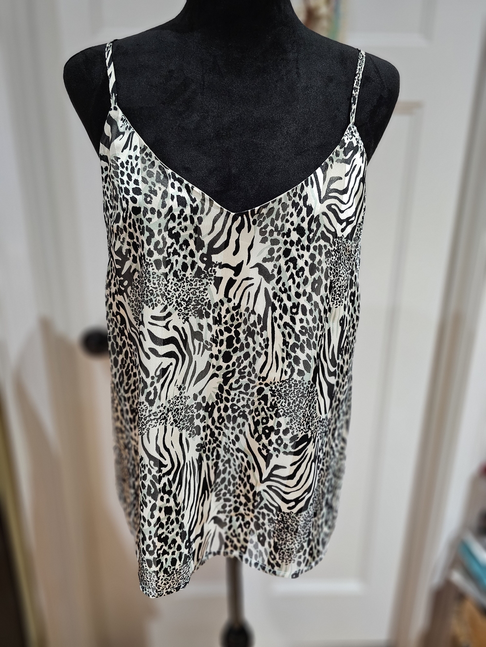 Black & Cream Animal Print Satin Cami with Adjustable Straps - NWT, Size L